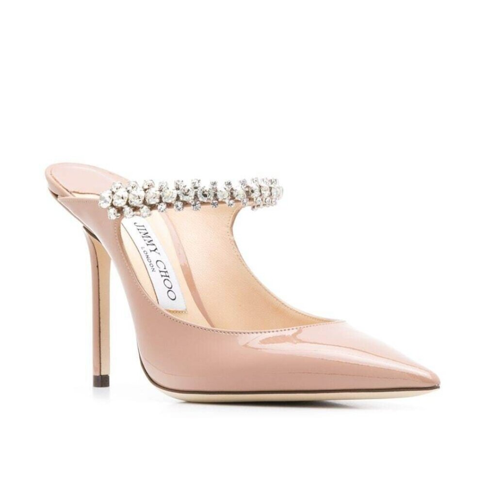 Jimmy Choo Bing 100 Mules Nude Patent Leather Crystal Embellished Pointed Toe